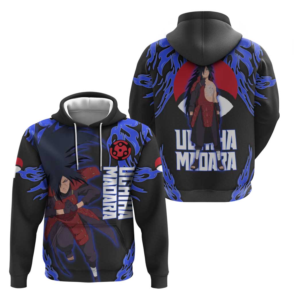 Uchiha Madara Naruto Hoodie Blue Flame Anime Clan Emblem Style