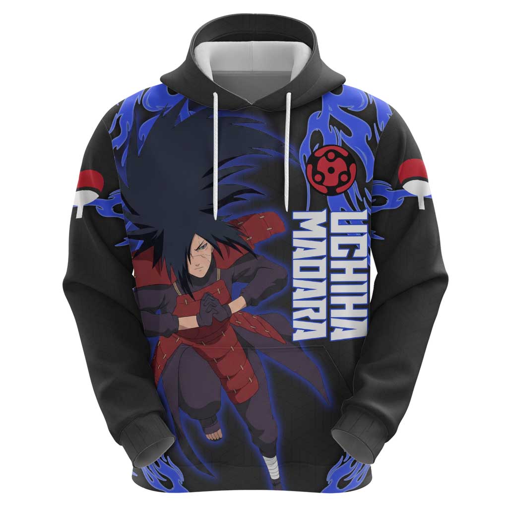 Uchiha Madara Naruto Hoodie Blue Flame Anime Clan Emblem Style