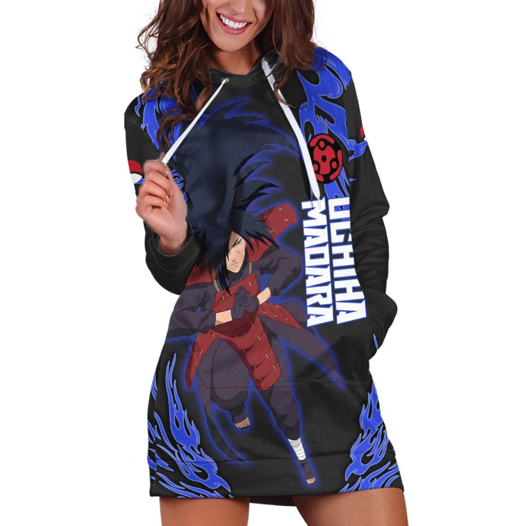 Uchiha Madara Naruto Hoodie Dress Blue Flame Anime Clan Emblem Style