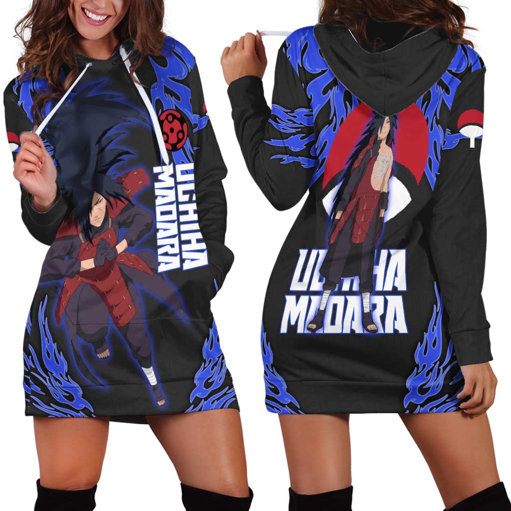 Uchiha Madara Naruto Hoodie Dress Blue Flame Anime Clan Emblem Style