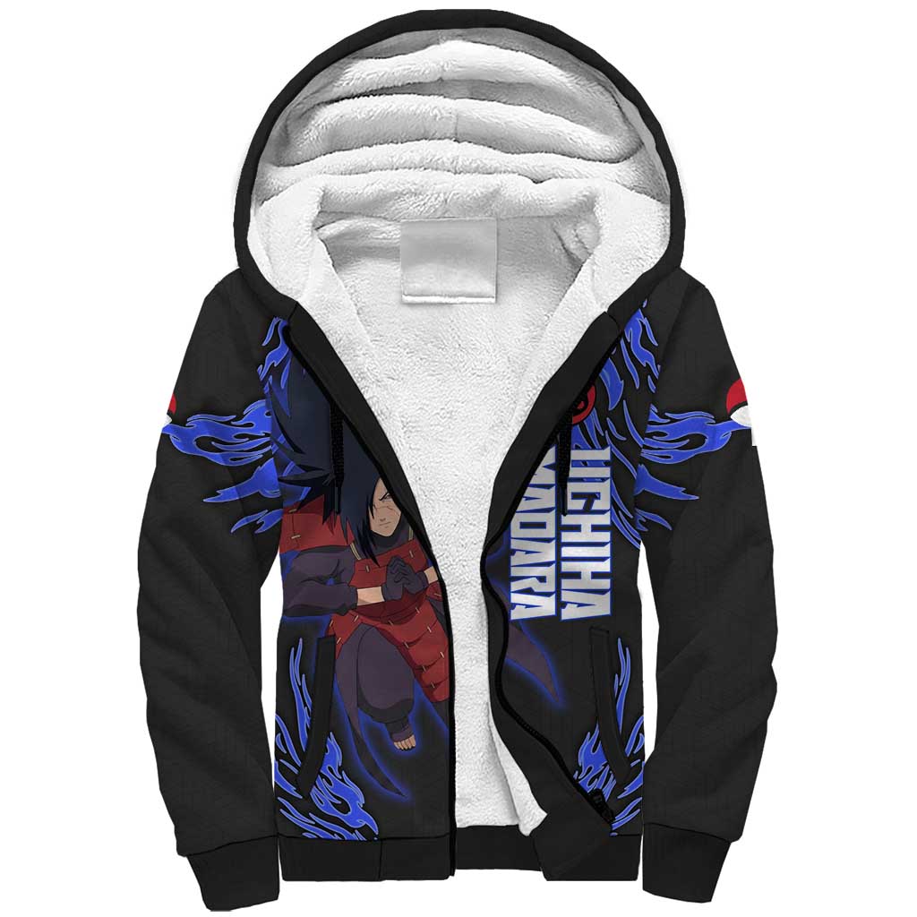 Uchiha Madara Naruto Sherpa Hoodie Blue Flame Anime Clan Emblem Style