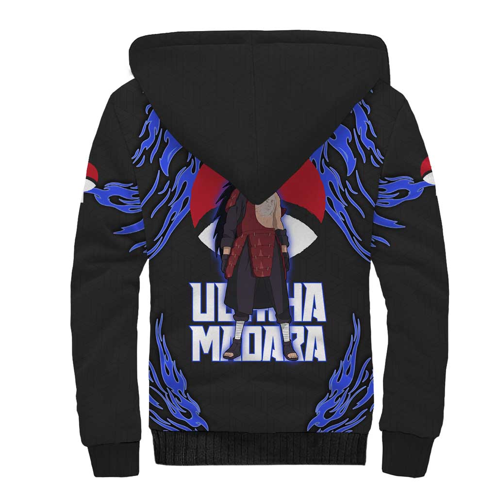 Uchiha Madara Naruto Sherpa Hoodie Blue Flame Anime Clan Emblem Style
