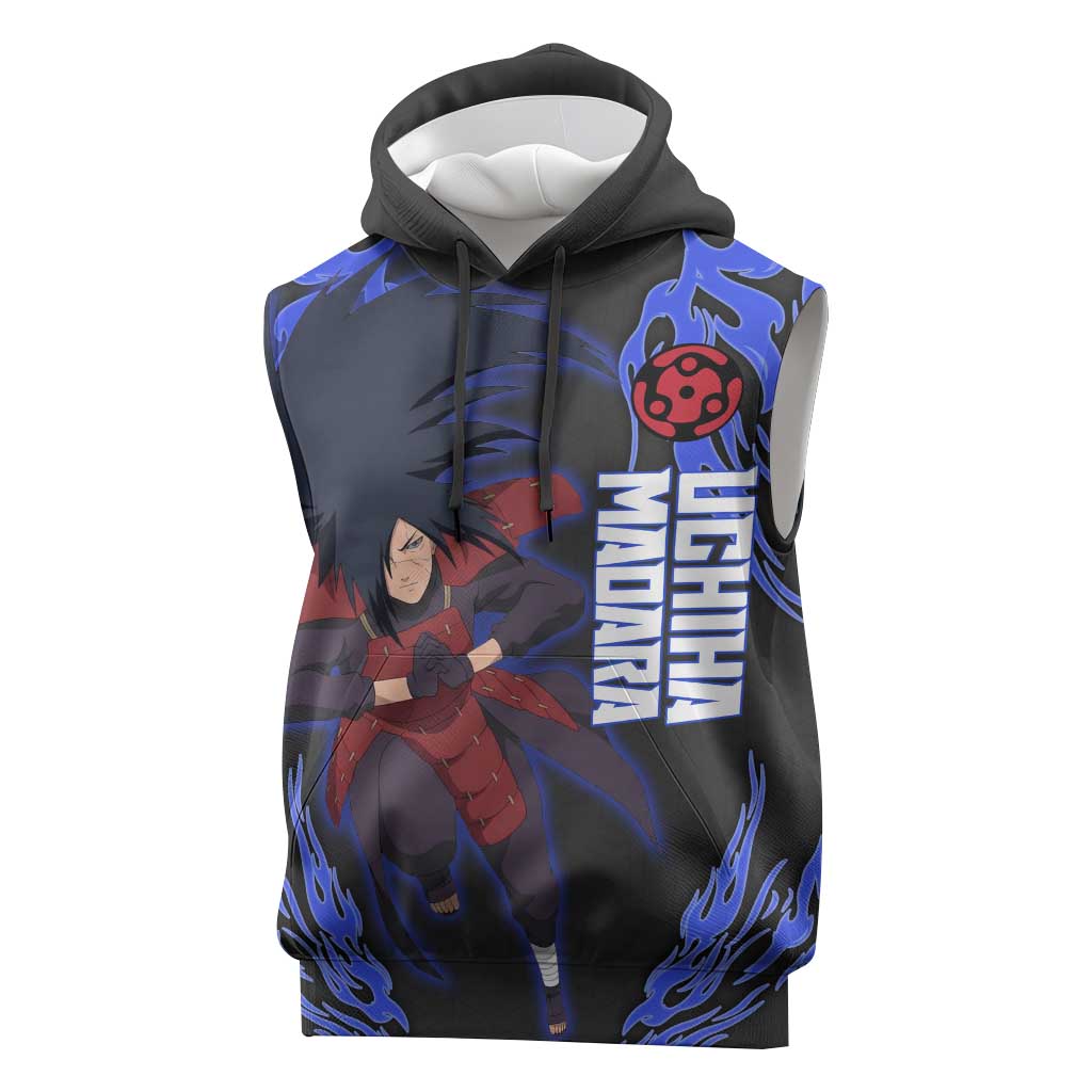 Uchiha Madara Naruto Sleeveless Hoodie Blue Flame Anime Clan Emblem Style