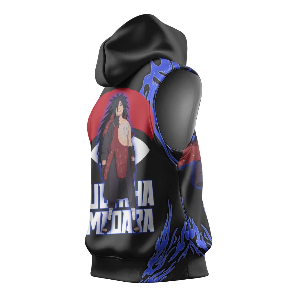 Uchiha Madara Naruto Sleeveless Hoodie Blue Flame Anime Clan Emblem Style