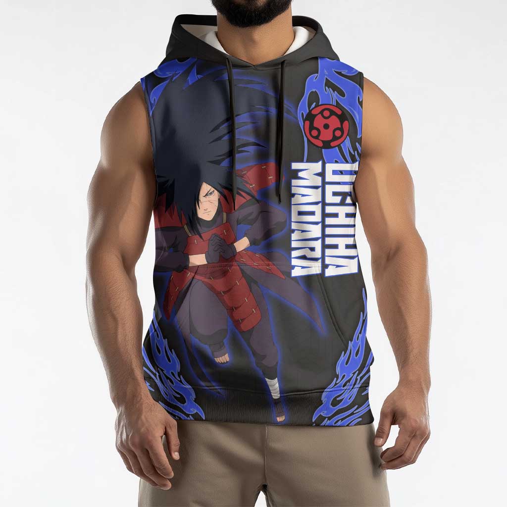 Uchiha Madara Naruto Sleeveless Hoodie Blue Flame Anime Clan Emblem Style