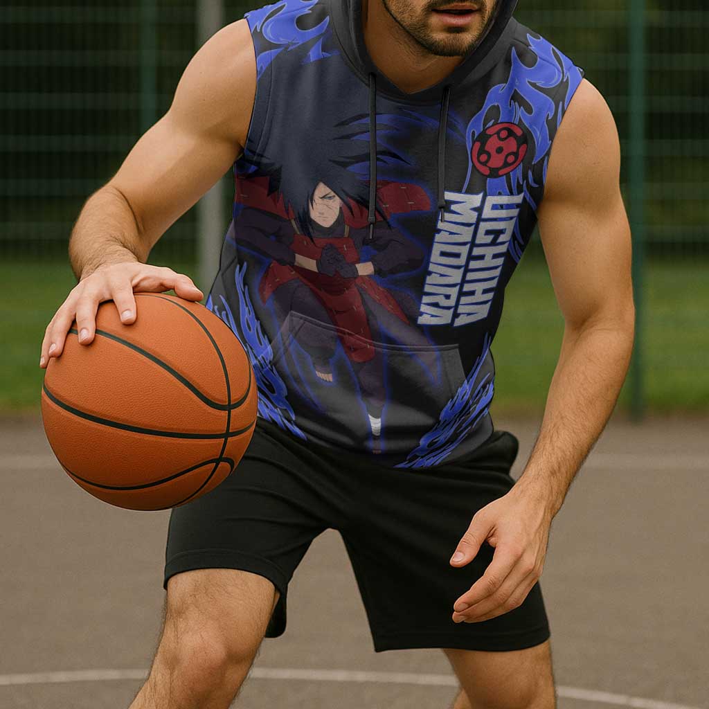 Uchiha Madara Naruto Sleeveless Hoodie Blue Flame Anime Clan Emblem Style