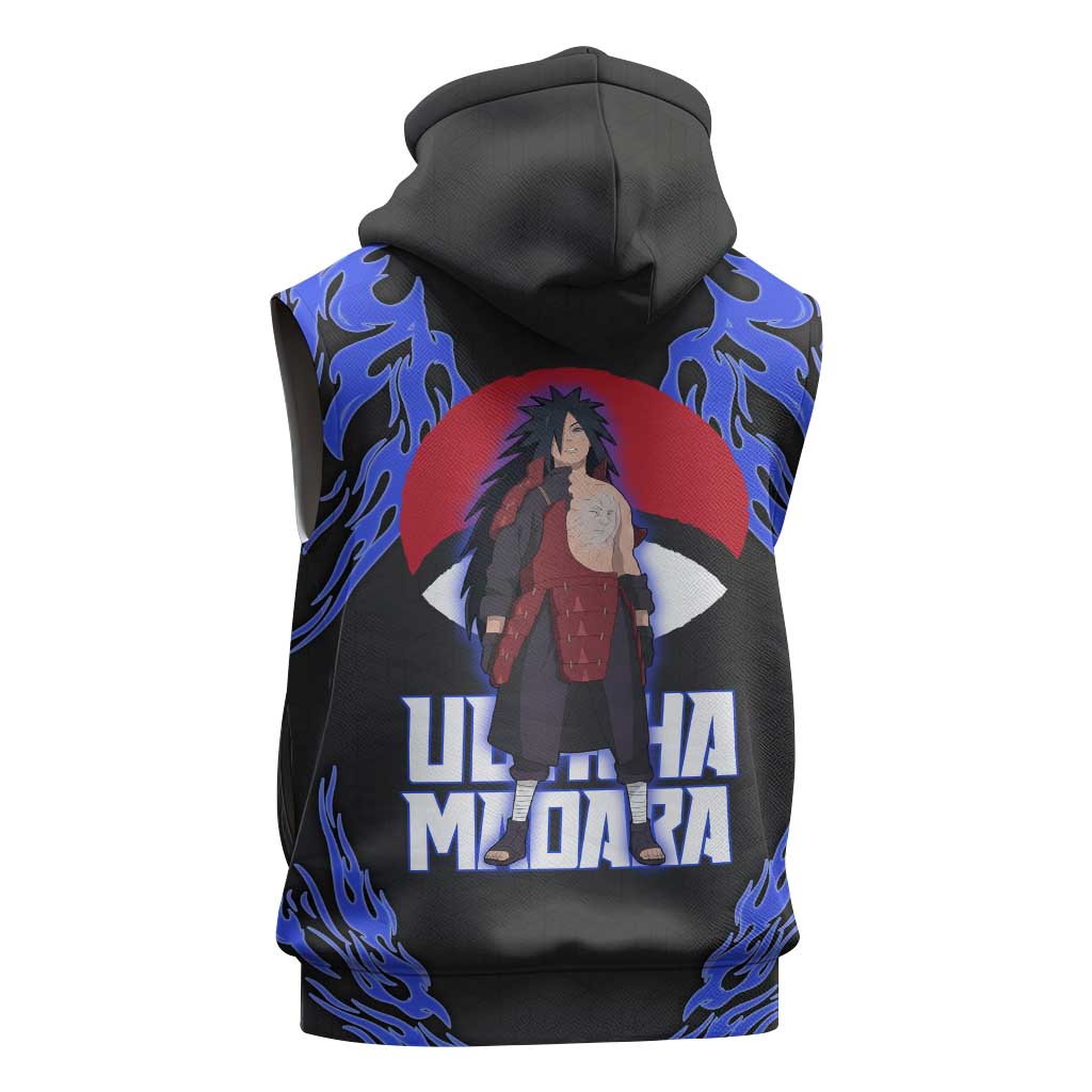 Uchiha Madara Naruto Sleeveless Zip Hoodie Blue Flame Anime Clan Emblem Style