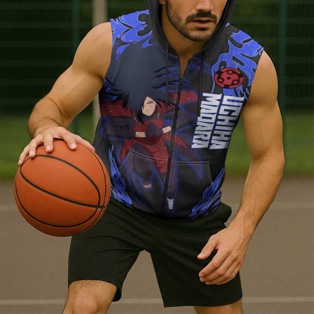 Uchiha Madara Naruto Sleeveless Zip Hoodie Blue Flame Anime Clan Emblem Style