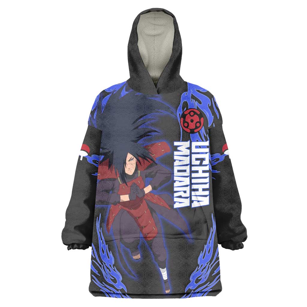 Uchiha Madara Naruto Wearable Blanket Hoodie Blue Flame Anime Clan Emblem Style