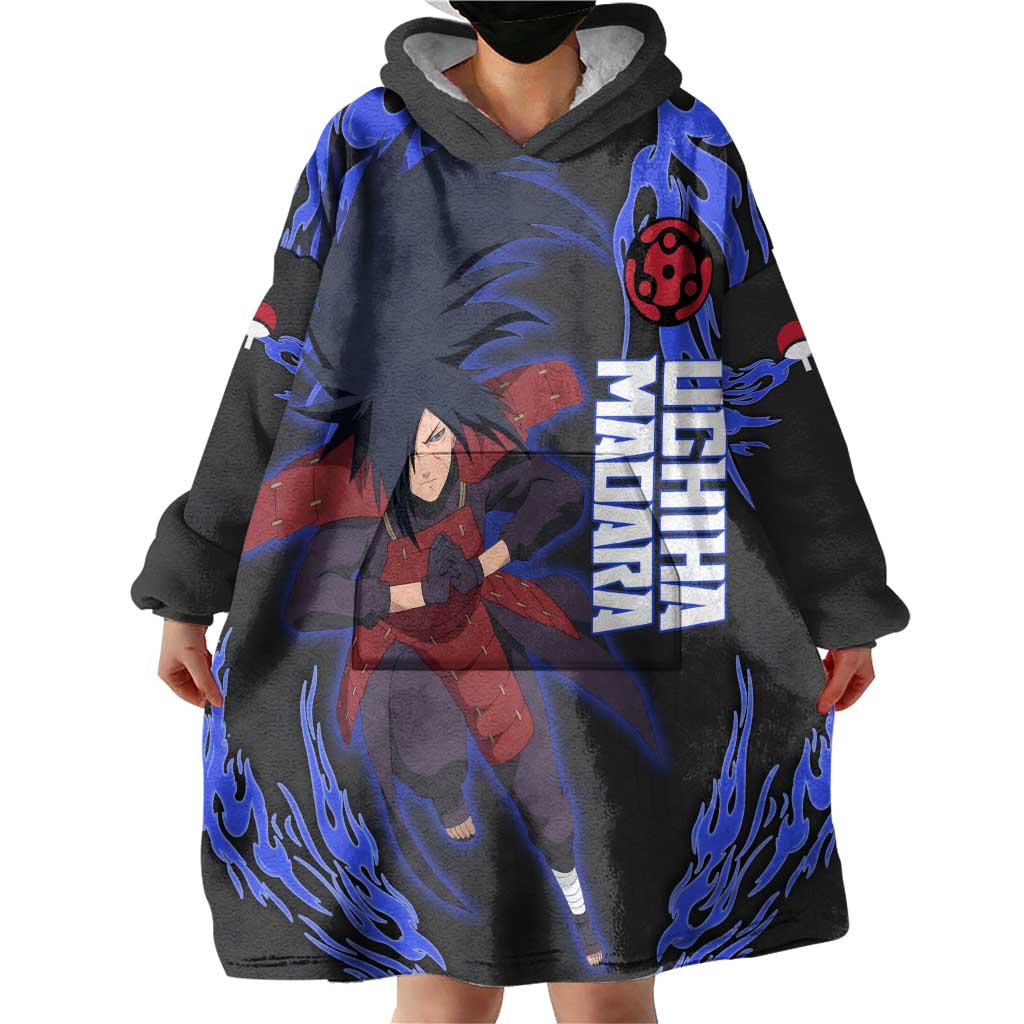 Uchiha Madara Naruto Wearable Blanket Hoodie Blue Flame Anime Clan Emblem Style