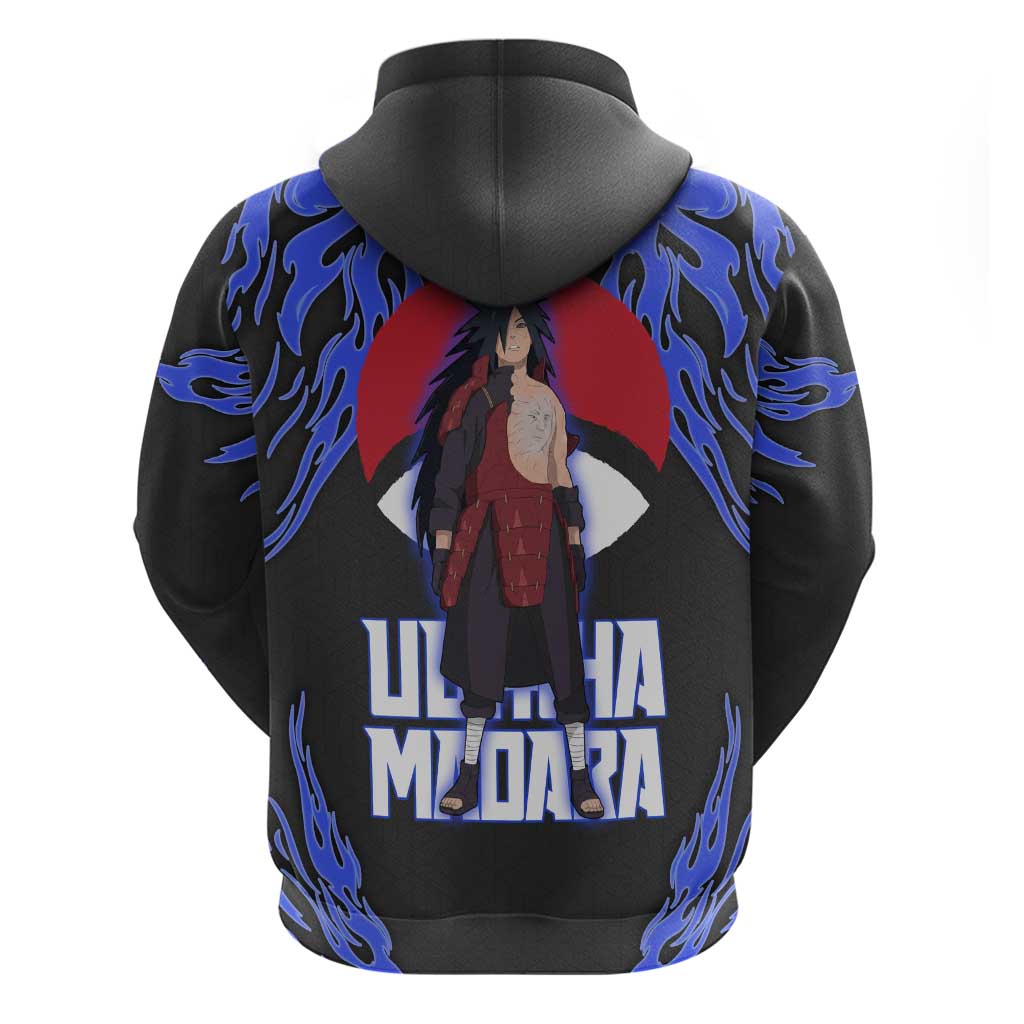 Uchiha Madara Naruto Zip Hoodie Blue Flame Anime Clan Emblem Style