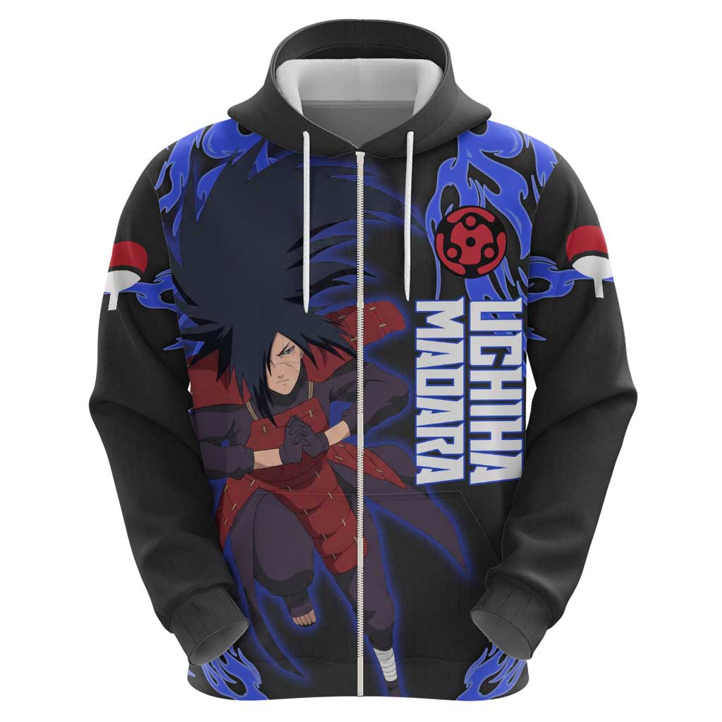 Uchiha Madara Naruto Zip Hoodie Blue Flame Anime Clan Emblem Style