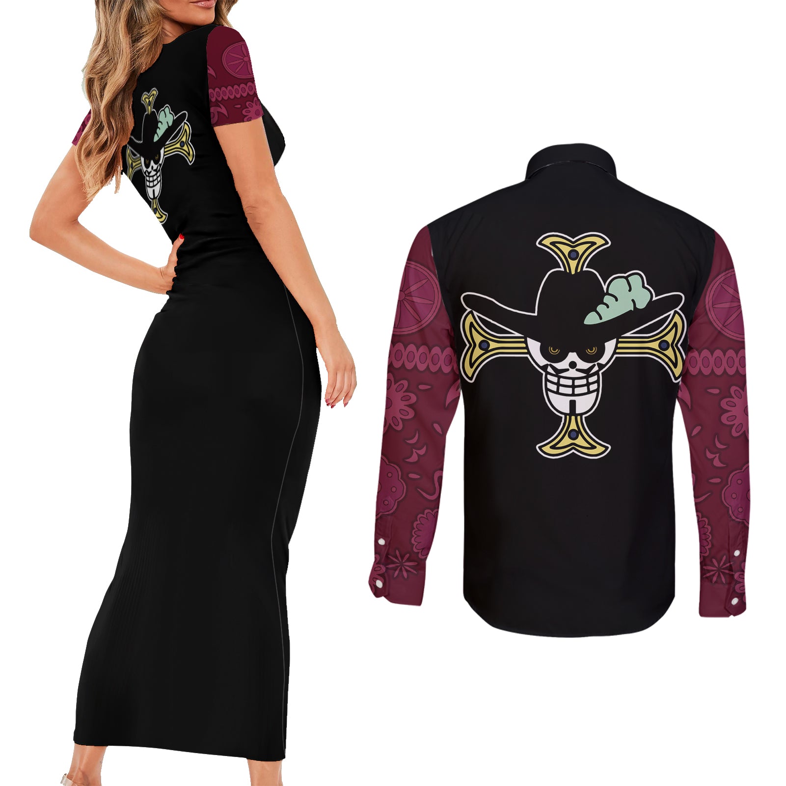 Dracule Mihawk - One Piece Anime Couples Matching Short Sleeve Bodycon Dress and Long Sleeve Button Shirt