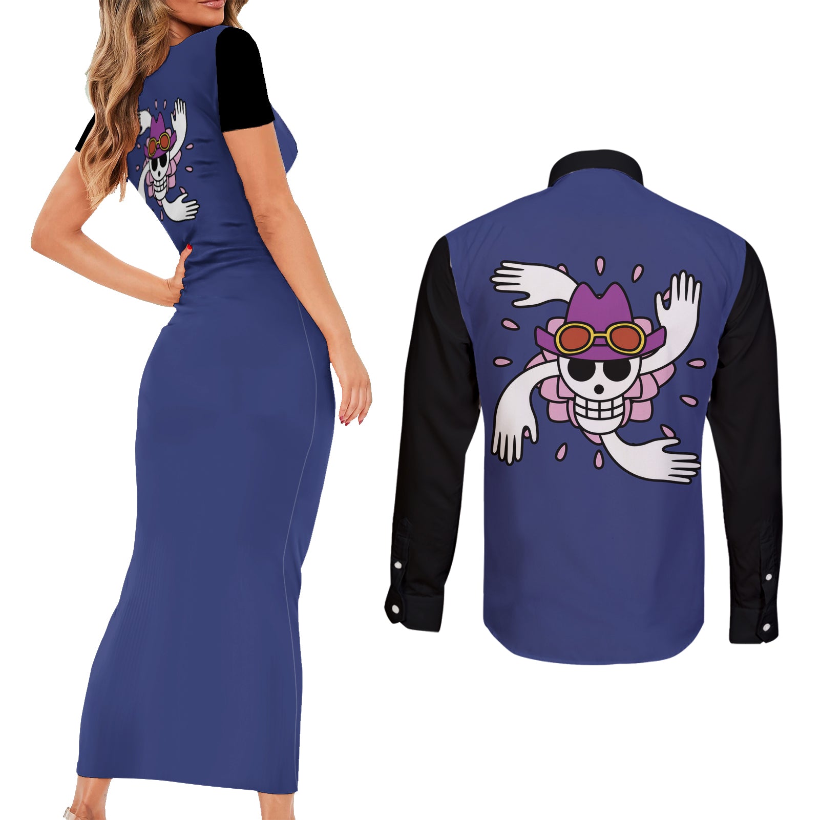 Nico Robin - One Piece Anime Couples Matching Short Sleeve Bodycon Dress and Long Sleeve Button Shirt