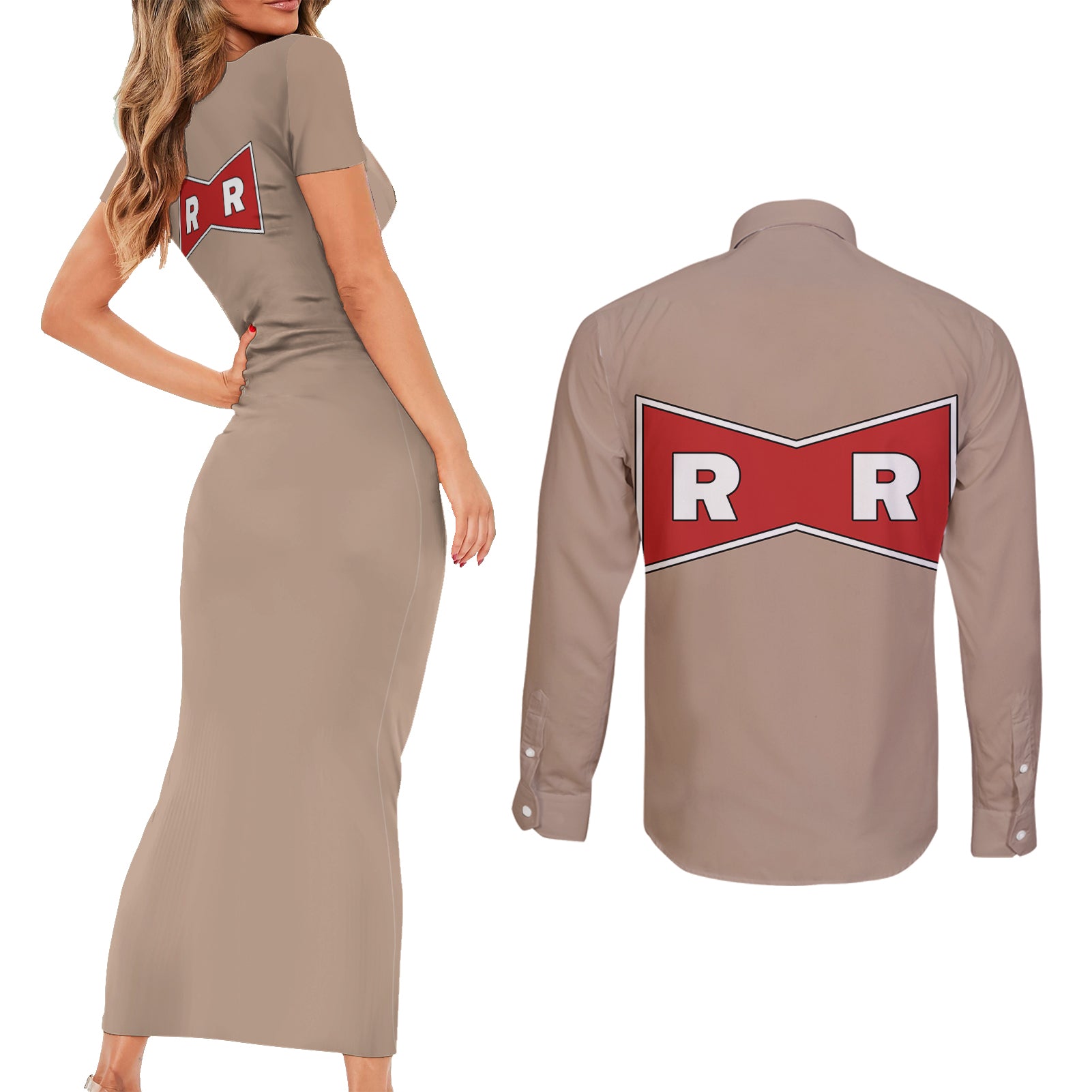 Red Ribbon Army Couples Matching Short Sleeve Bodycon Dress and Long Sleeve Button Shirt