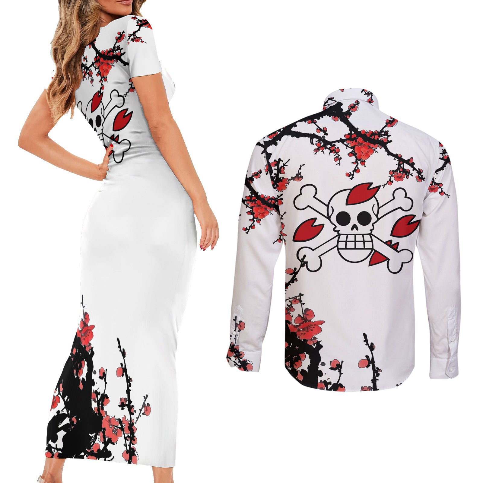 Red Tony Chopper Couples Matching Short Sleeve Bodycon Dress and Long Sleeve Button Shirt Japan Style One Piece Anime