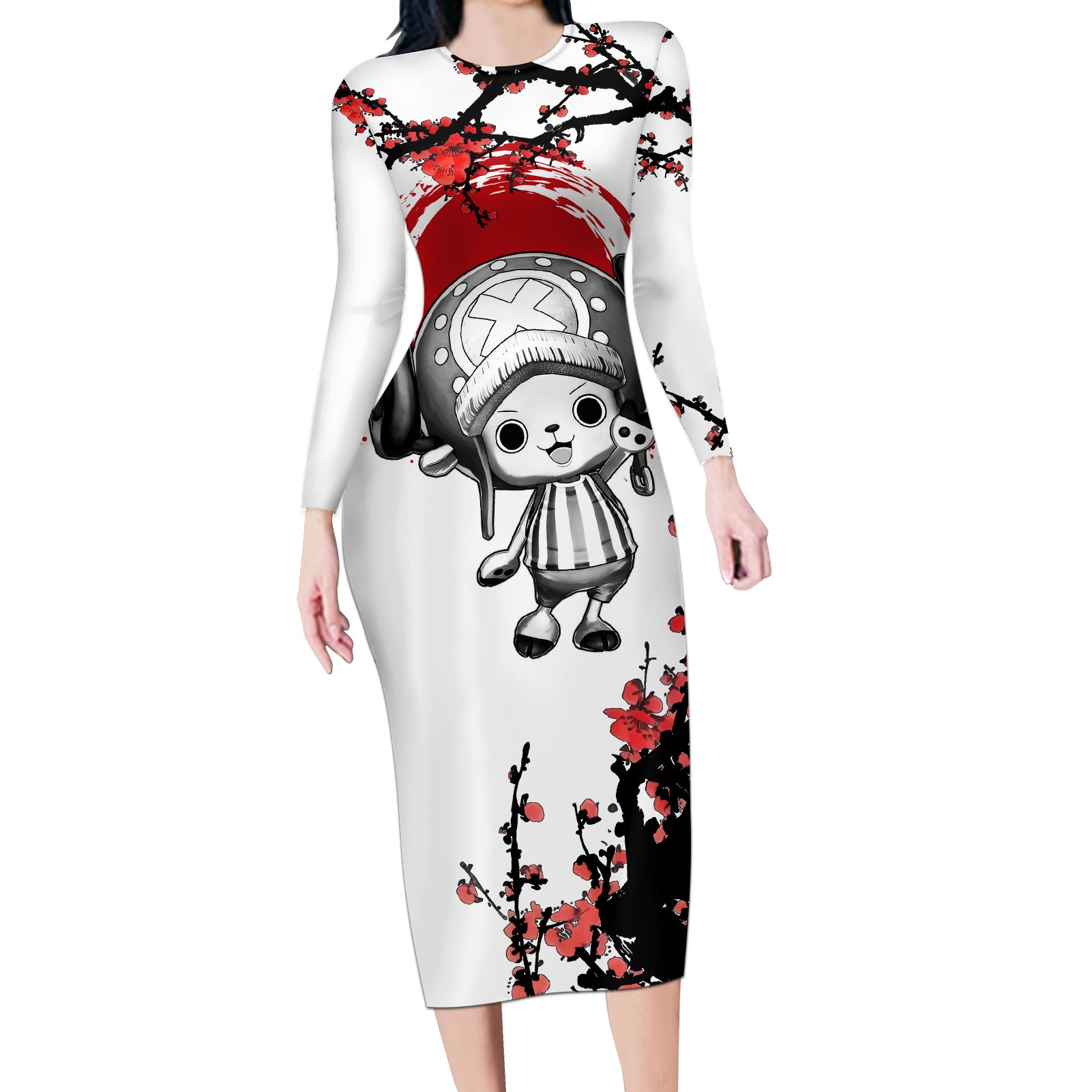 Red Tony Chopper Long Sleeve Bodycon Dress Japan Style One Piece Anime