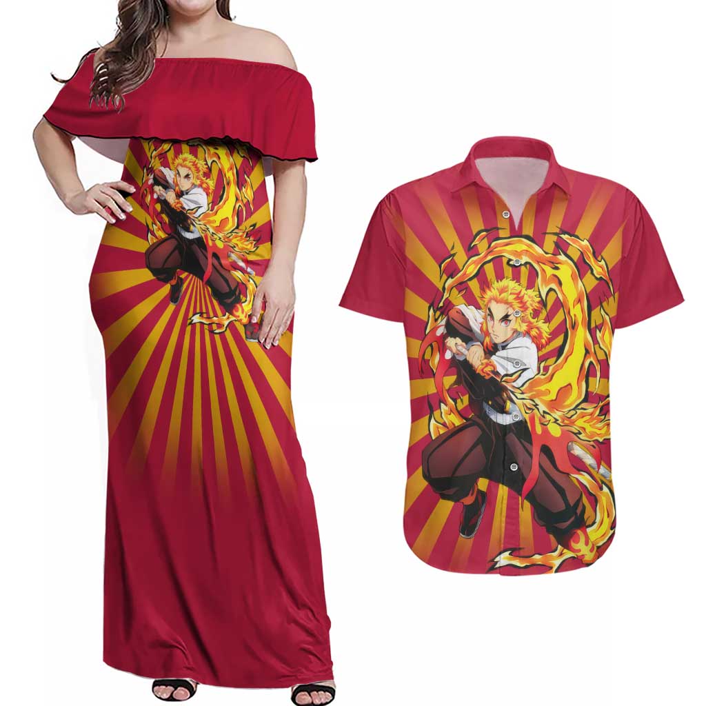 Rengoku - Demon Slayer Couples Matching Off Shoulder Maxi Dress and Hawaiian Shirt Anime Style