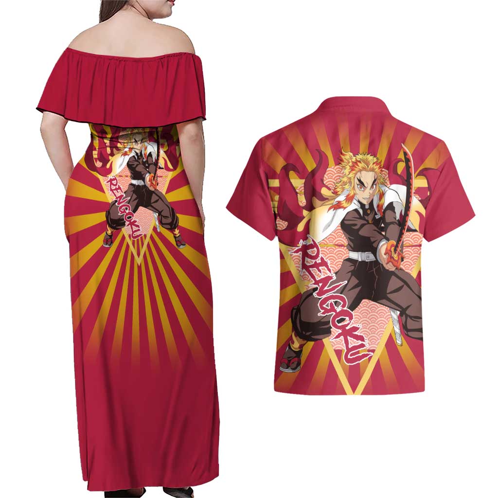 Rengoku - Demon Slayer Couples Matching Off Shoulder Maxi Dress and Hawaiian Shirt Anime Style