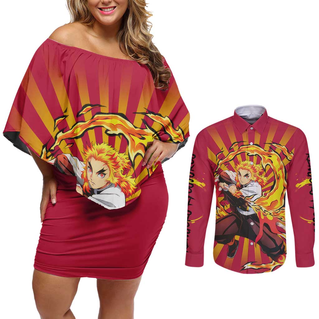 Rengoku - Demon Slayer Couples Matching Off Shoulder Short Dress and Long Sleeve Button Shirt Anime Style