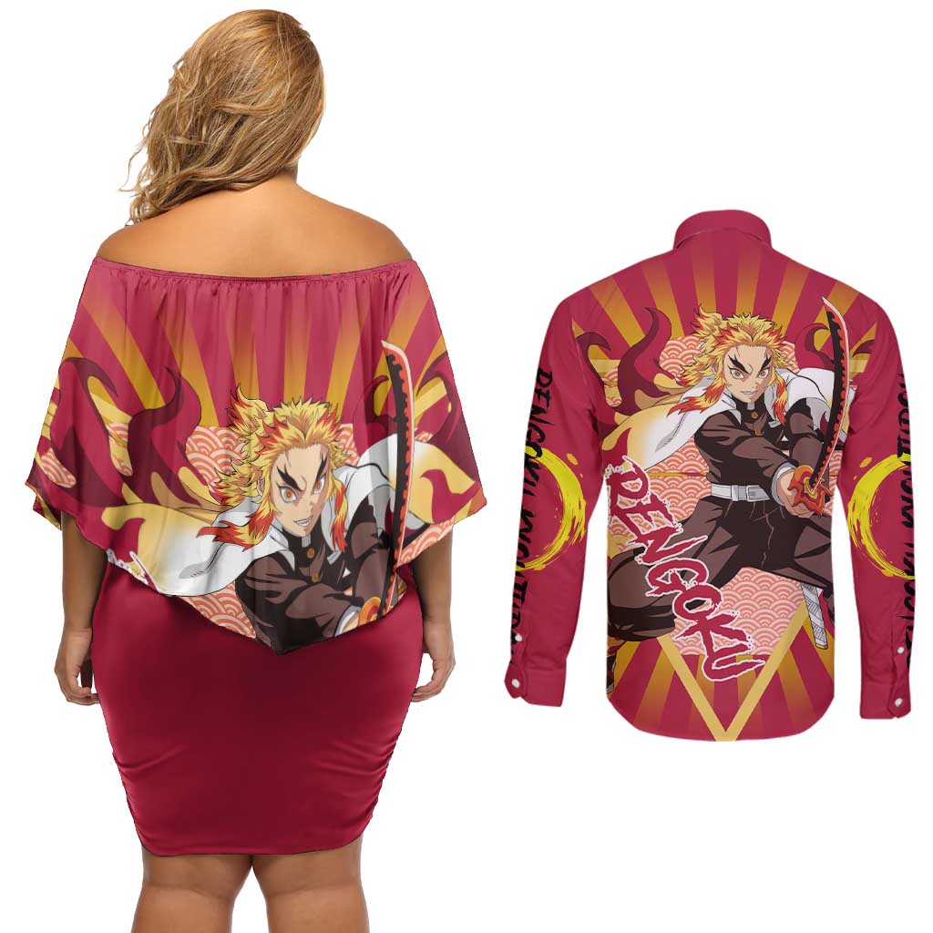 Rengoku - Demon Slayer Couples Matching Off Shoulder Short Dress and Long Sleeve Button Shirt Anime Style