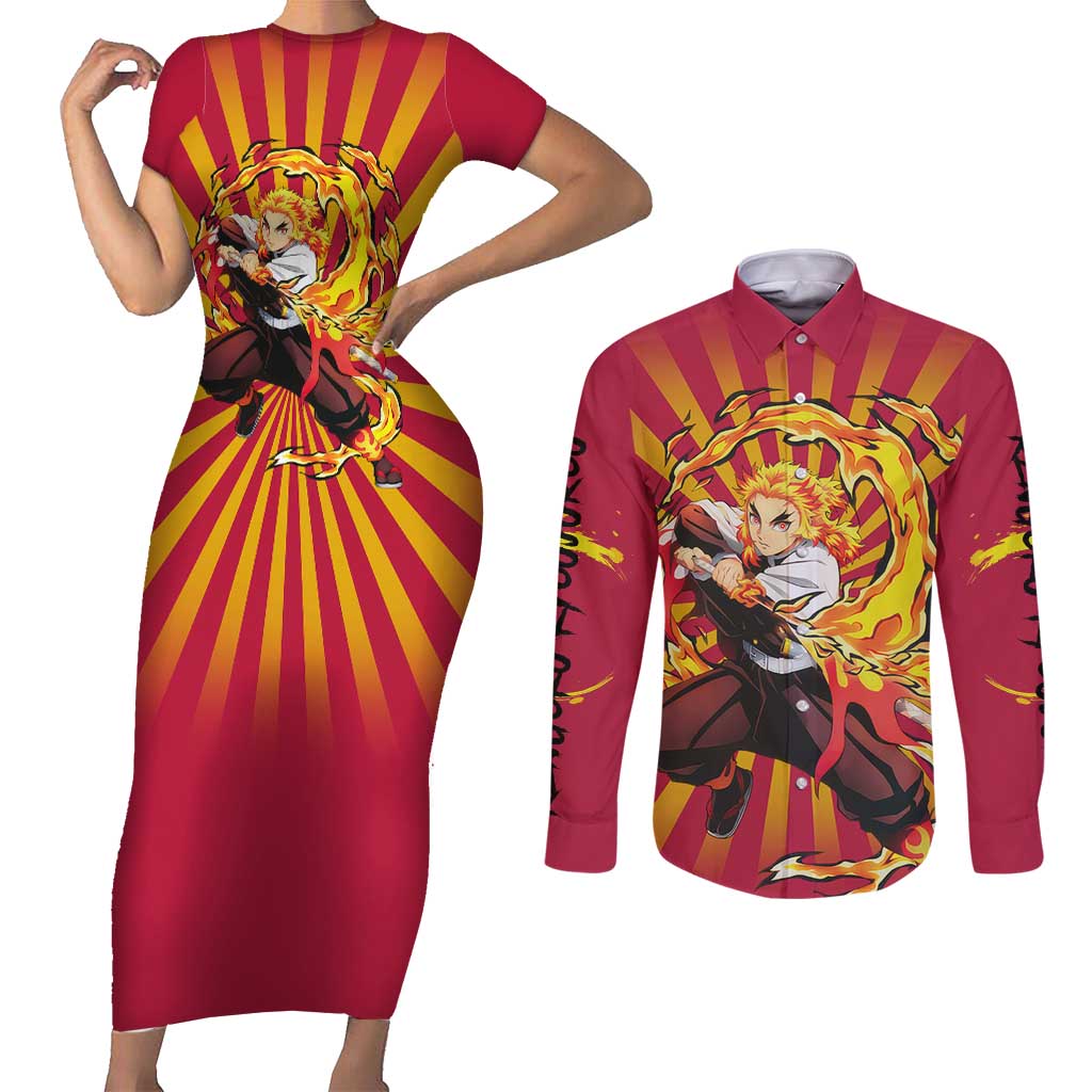 Rengoku - Demon Slayer Couples Matching Short Sleeve Bodycon Dress and Long Sleeve Button Shirt Anime Style