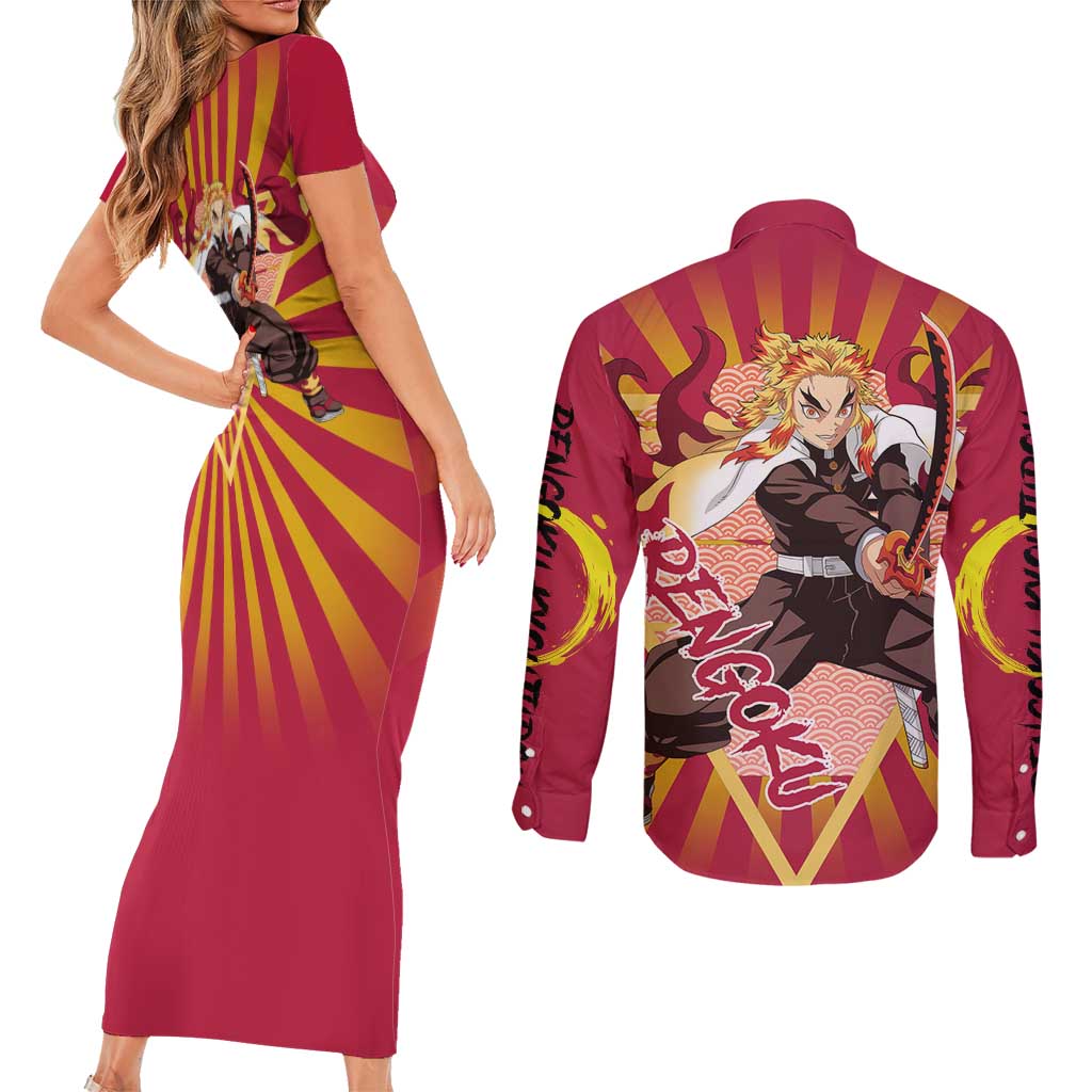 Rengoku - Demon Slayer Couples Matching Short Sleeve Bodycon Dress and Long Sleeve Button Shirt Anime Style