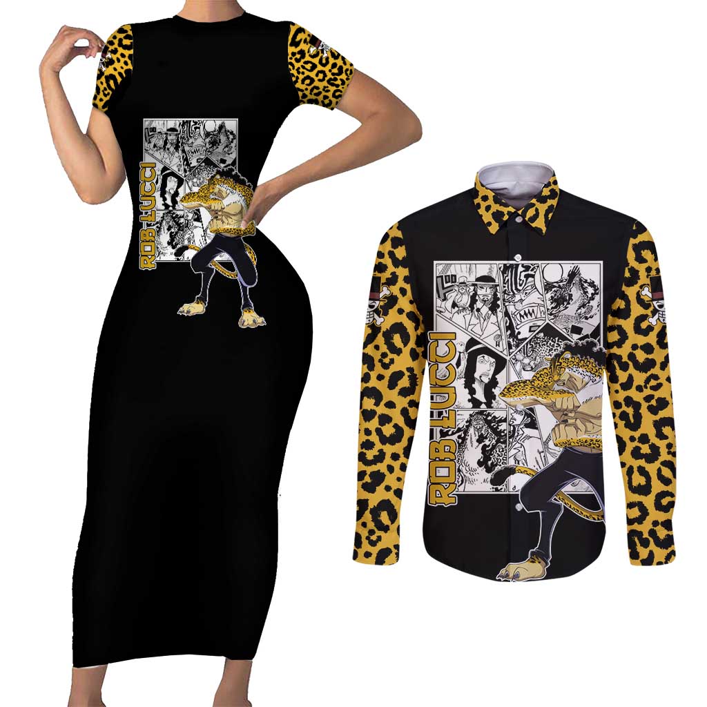 Rob Lucci - One Piece Couples Matching Short Sleeve Bodycon Dress and Long Sleeve Button Shirt Anime Mix Pattern Style