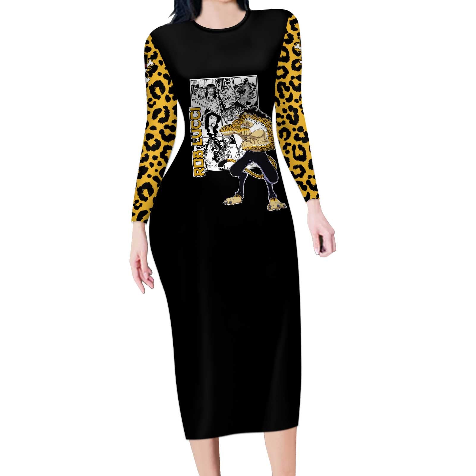 Rob Lucci - One Piece Long Sleeve Bodycon Dress Anime Mix Pattern Style