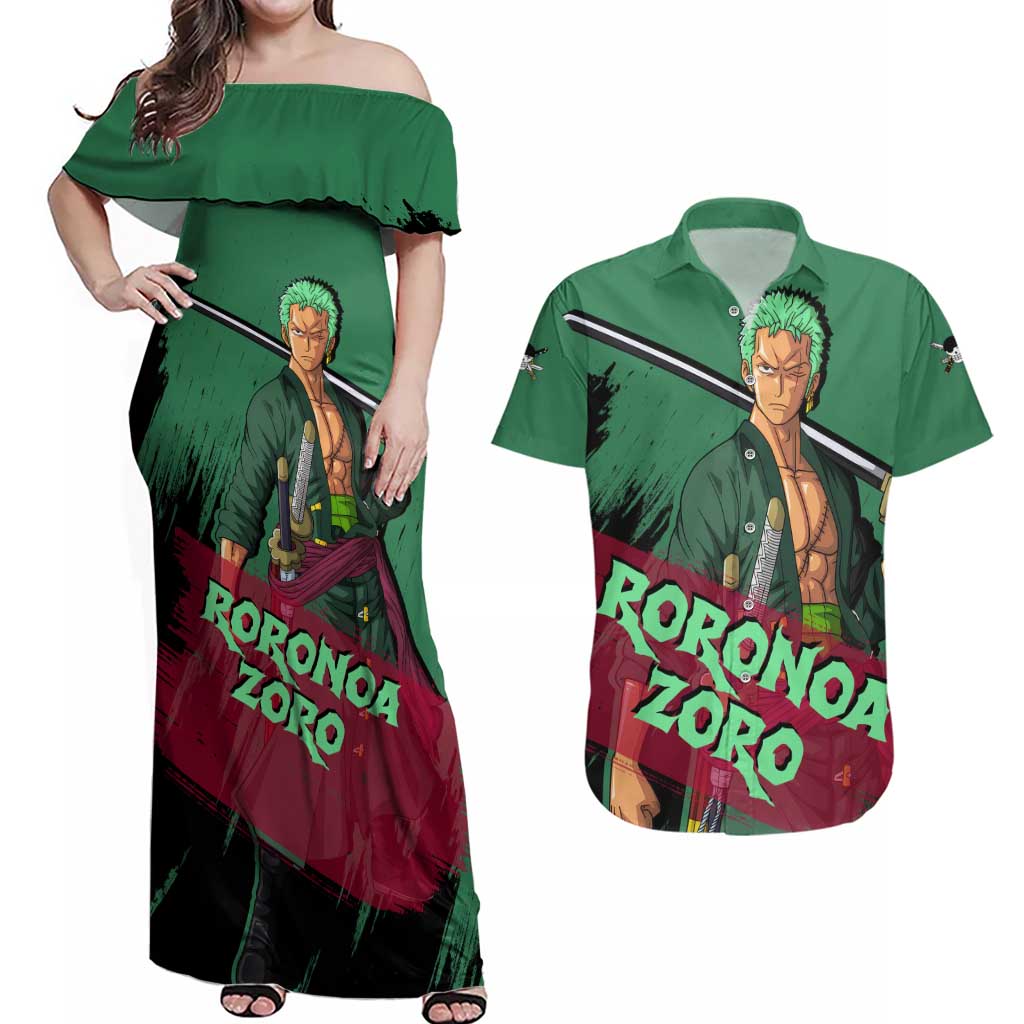Roronoa Zoro - One Piece Couples Matching Off Shoulder Maxi Dress and Hawaiian Shirt Anime Style