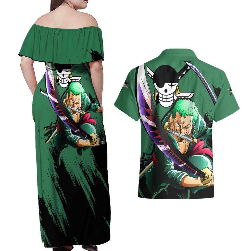 Roronoa Zoro - One Piece Couples Matching Off Shoulder Maxi Dress and Hawaiian Shirt Anime Style