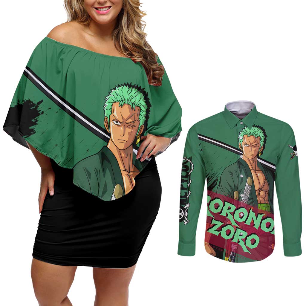 Roronoa Zoro - One Piece Couples Matching Off Shoulder Short Dress and Long Sleeve Button Shirt Anime Style