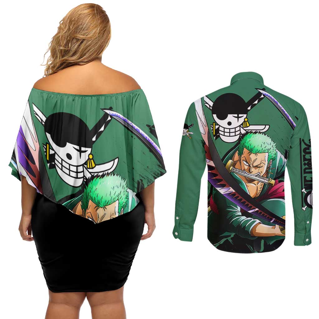 Roronoa Zoro - One Piece Couples Matching Off Shoulder Short Dress and Long Sleeve Button Shirt Anime Style