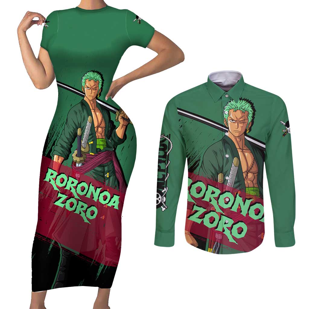 Roronoa Zoro - One Piece Couples Matching Short Sleeve Bodycon Dress and Long Sleeve Button Shirt Anime Style