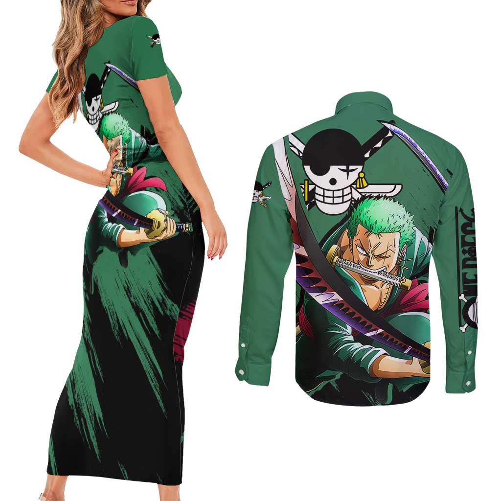 Roronoa Zoro - One Piece Couples Matching Short Sleeve Bodycon Dress and Long Sleeve Button Shirt Anime Style
