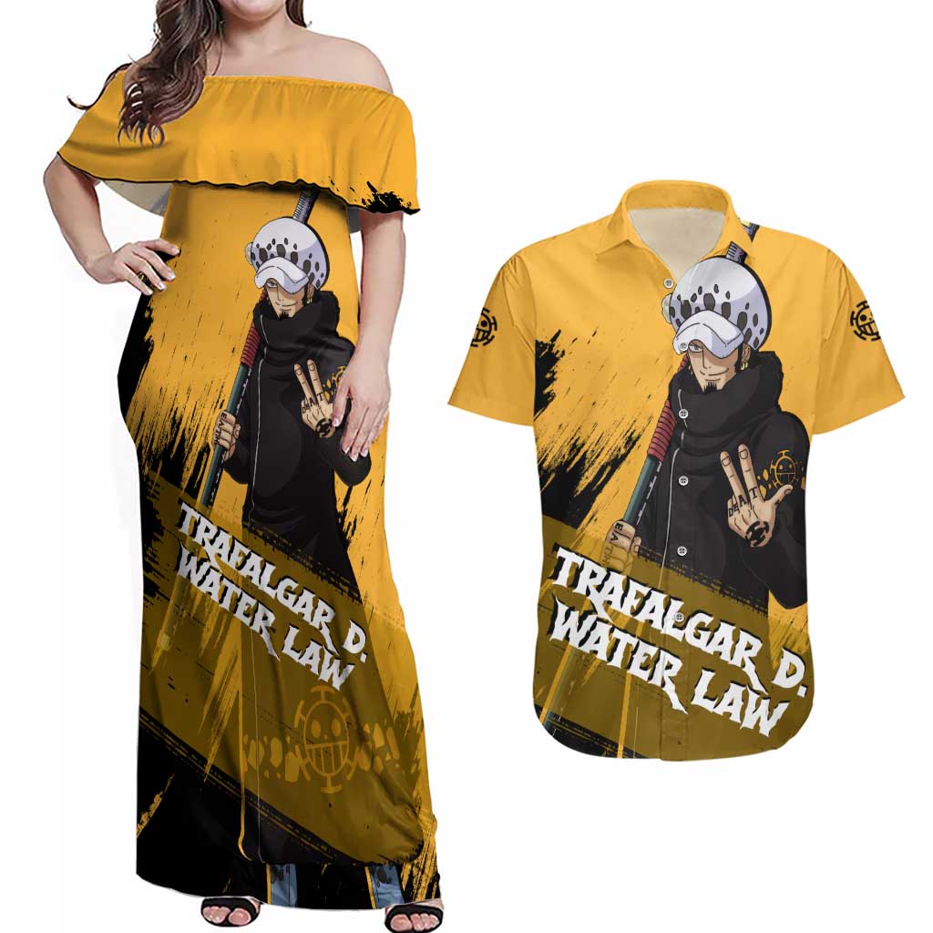 Trafalgar D. Water Law - One Piece Couples Matching Off Shoulder Maxi Dress and Hawaiian Shirt Anime Style