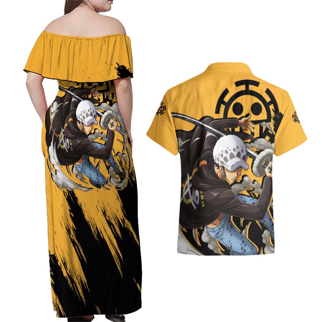 Trafalgar D. Water Law - One Piece Couples Matching Off Shoulder Maxi Dress and Hawaiian Shirt Anime Style