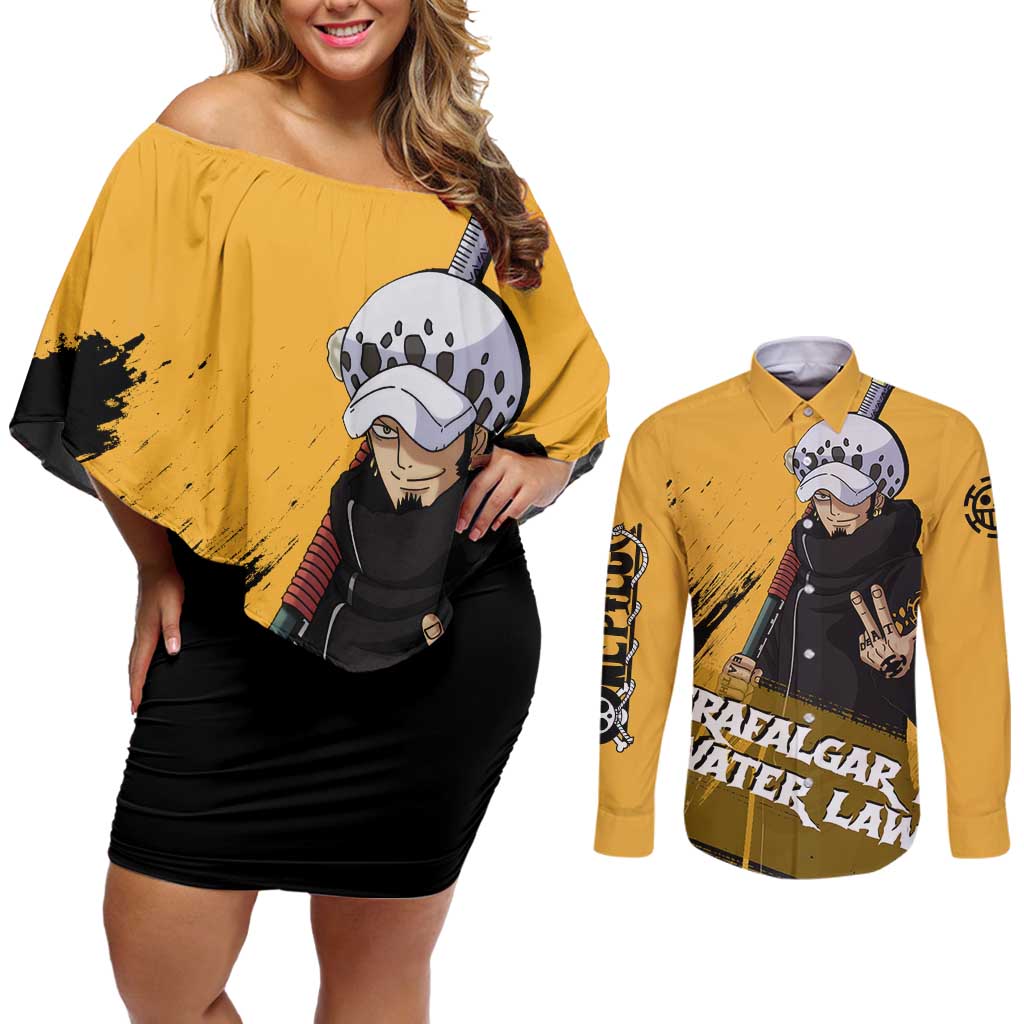 Trafalgar D. Water Law - One Piece Couples Matching Off Shoulder Short Dress and Long Sleeve Button Shirt Anime Style