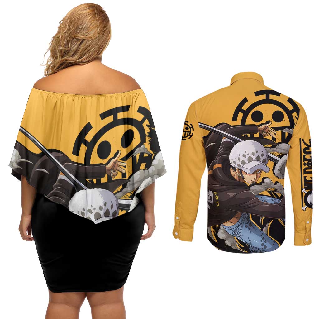 Trafalgar D. Water Law - One Piece Couples Matching Off Shoulder Short Dress and Long Sleeve Button Shirt Anime Style