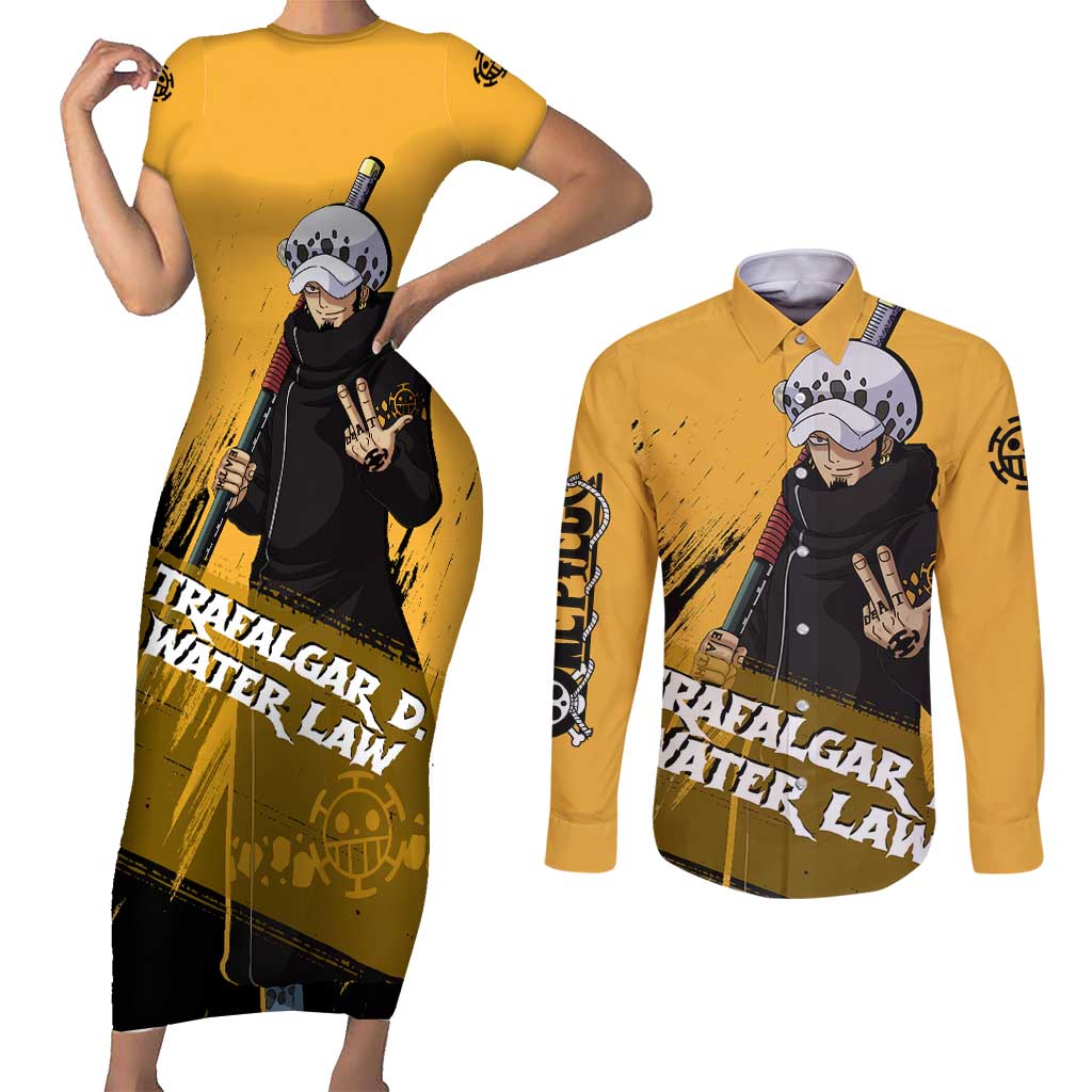 Trafalgar D. Water Law - One Piece Couples Matching Short Sleeve Bodycon Dress and Long Sleeve Button Shirt Anime Style
