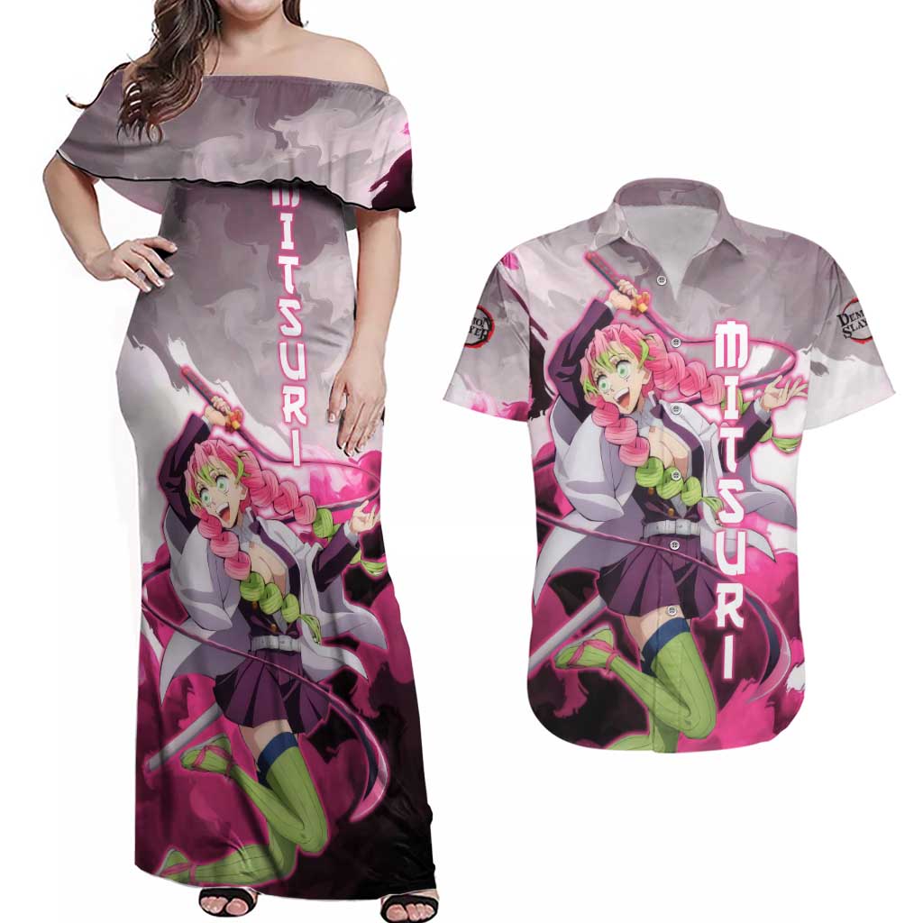 Mitsuri Kanroji - Demon Slayer Couples Matching Off Shoulder Maxi Dress and Hawaiian Shirt Anime Style