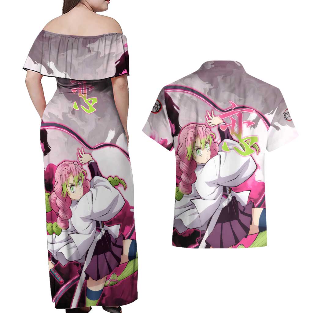 Mitsuri Kanroji - Demon Slayer Couples Matching Off Shoulder Maxi Dress and Hawaiian Shirt Anime Style