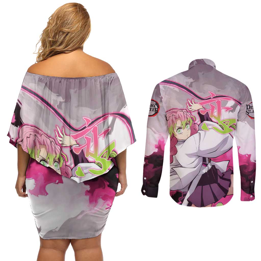 Mitsuri Kanroji - Demon Slayer Couples Matching Off Shoulder Short Dress and Long Sleeve Button Shirt Anime Style