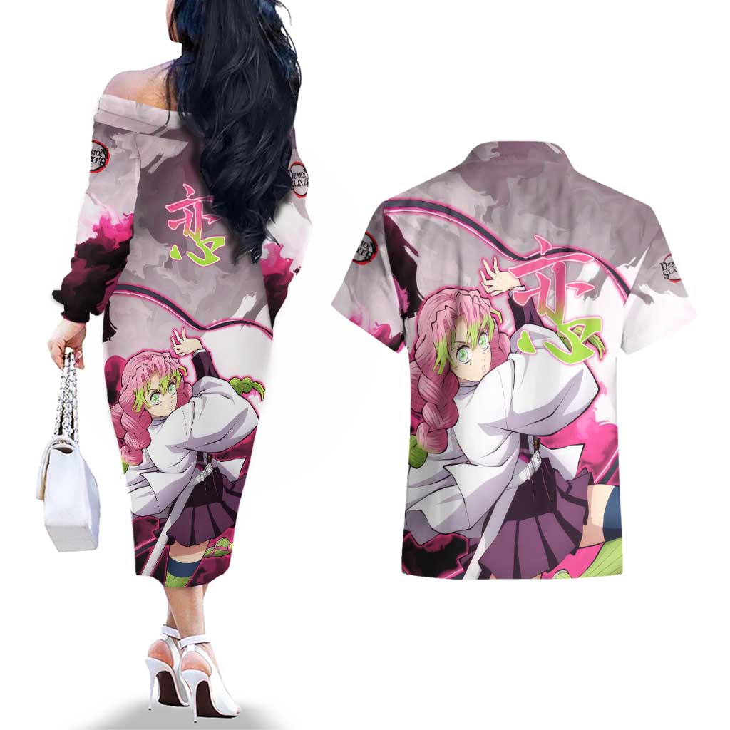 Mitsuri Kanroji - Demon Slayer Couples Matching Off The Shoulder Long Sleeve Dress and Hawaiian Shirt Anime Style