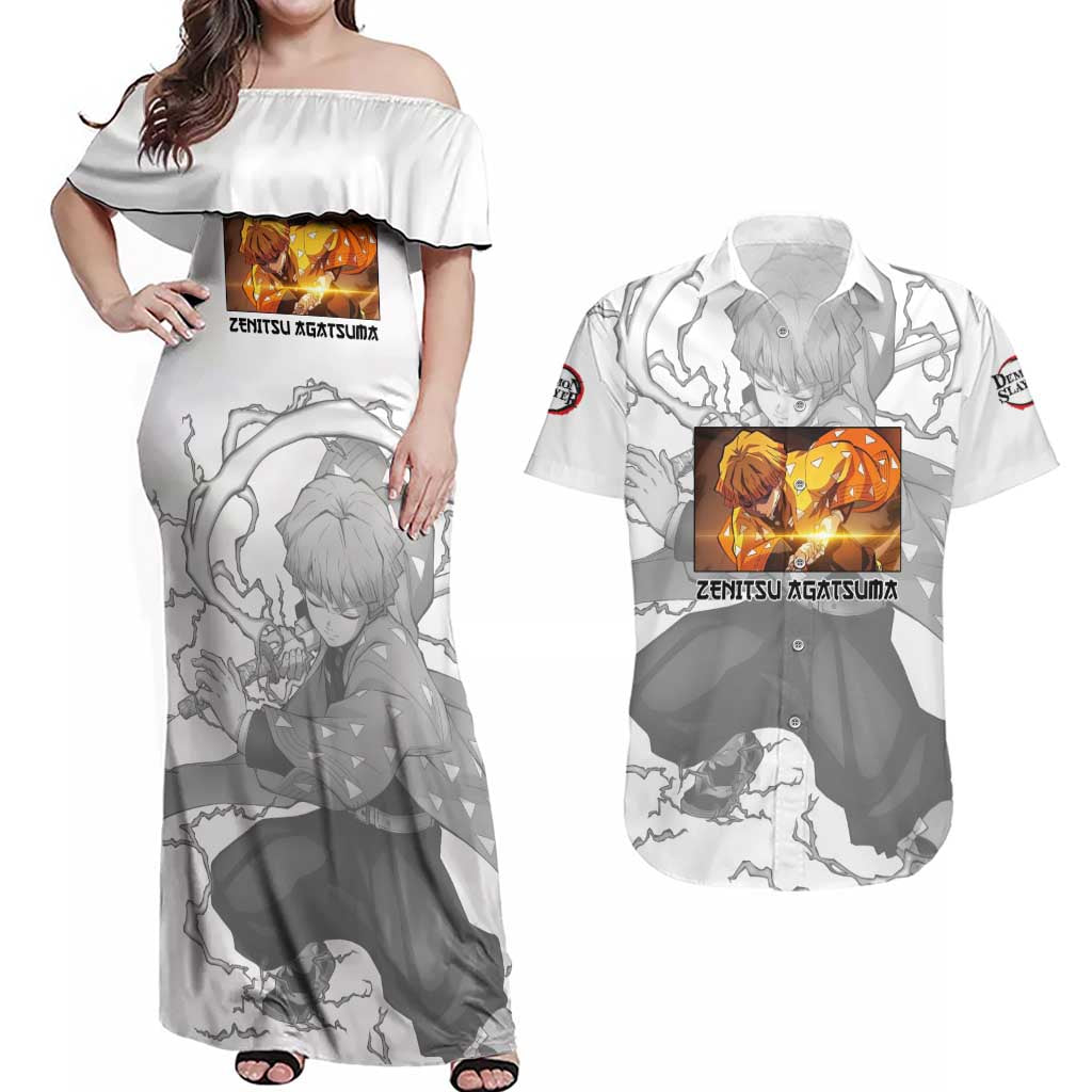 Zenitsu Agatsuma - Demon Slayer Couples Matching Off Shoulder Maxi Dress and Hawaiian Shirt Anime Style