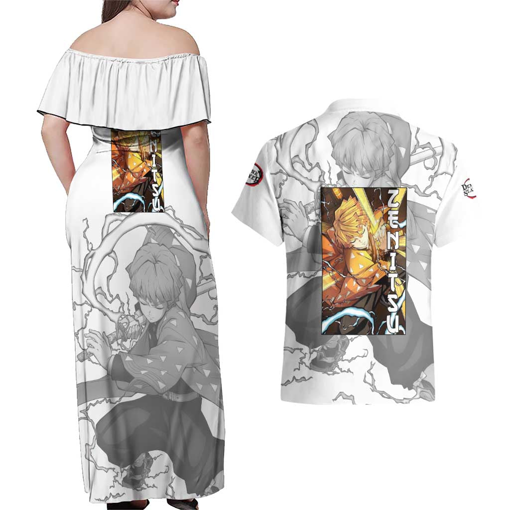 Zenitsu Agatsuma - Demon Slayer Couples Matching Off Shoulder Maxi Dress and Hawaiian Shirt Anime Style