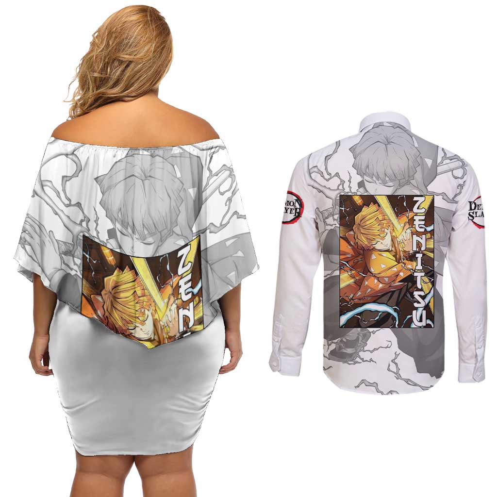 Zenitsu Agatsuma - Demon Slayer Couples Matching Off Shoulder Short Dress and Long Sleeve Button Shirt Anime Style