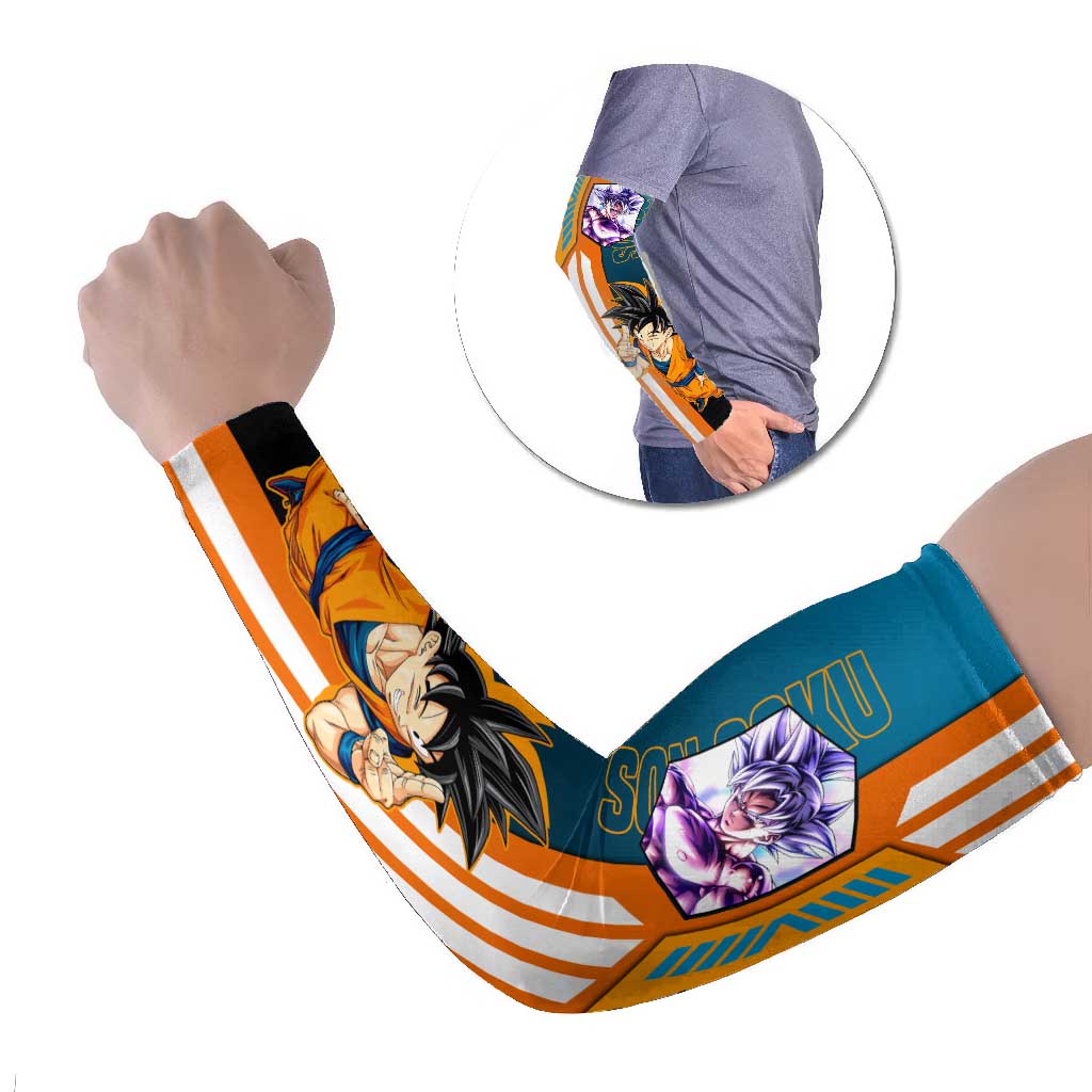 Son Goku from Dragon Ball Arm Sleeves with Orange Gi, Power Pose, and Energy Effect Design - The Mazicc