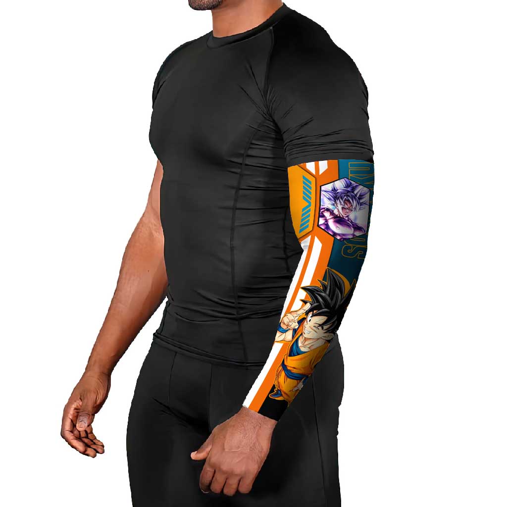 Son Goku from Dragon Ball Arm Sleeves with Orange Gi, Power Pose, and Energy Effect Design - The Mazicc