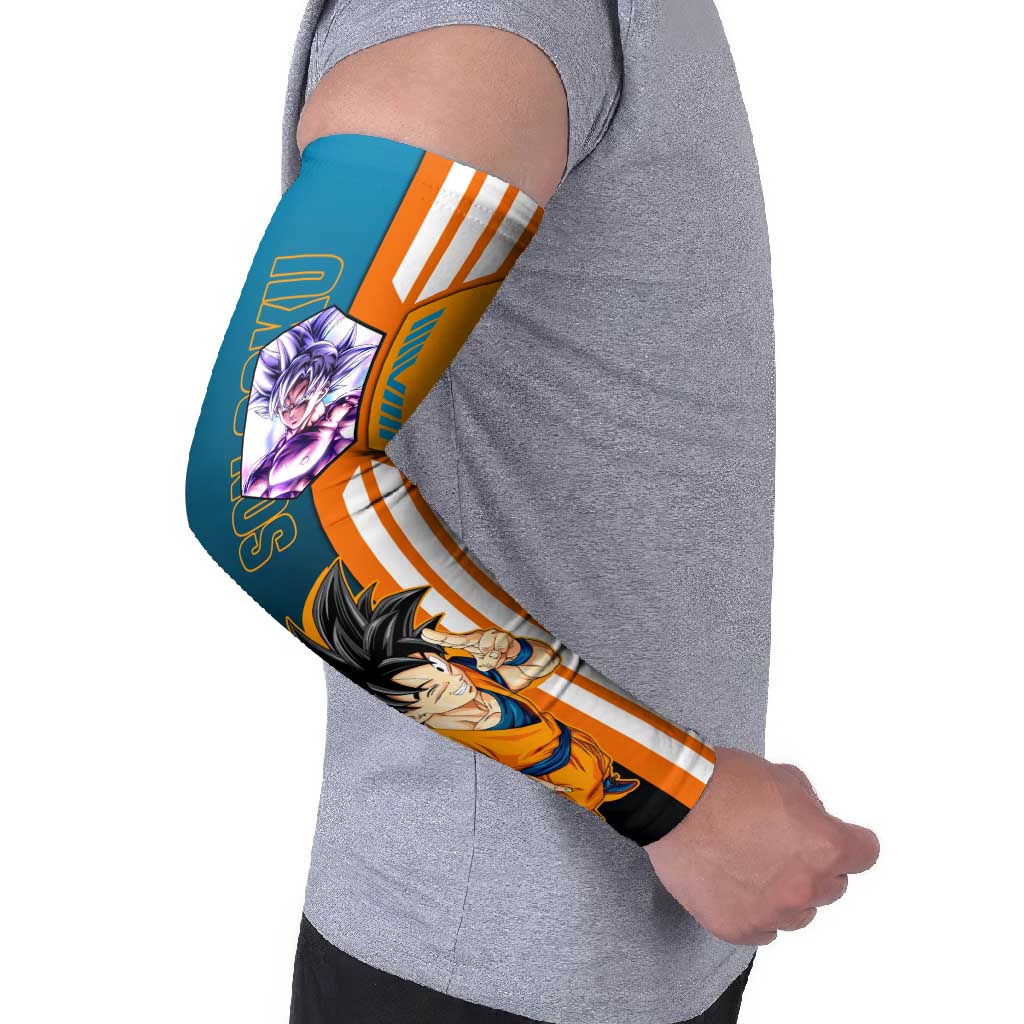 Son Goku from Dragon Ball Arm Sleeves with Orange Gi, Power Pose, and Energy Effect Design - The Mazicc